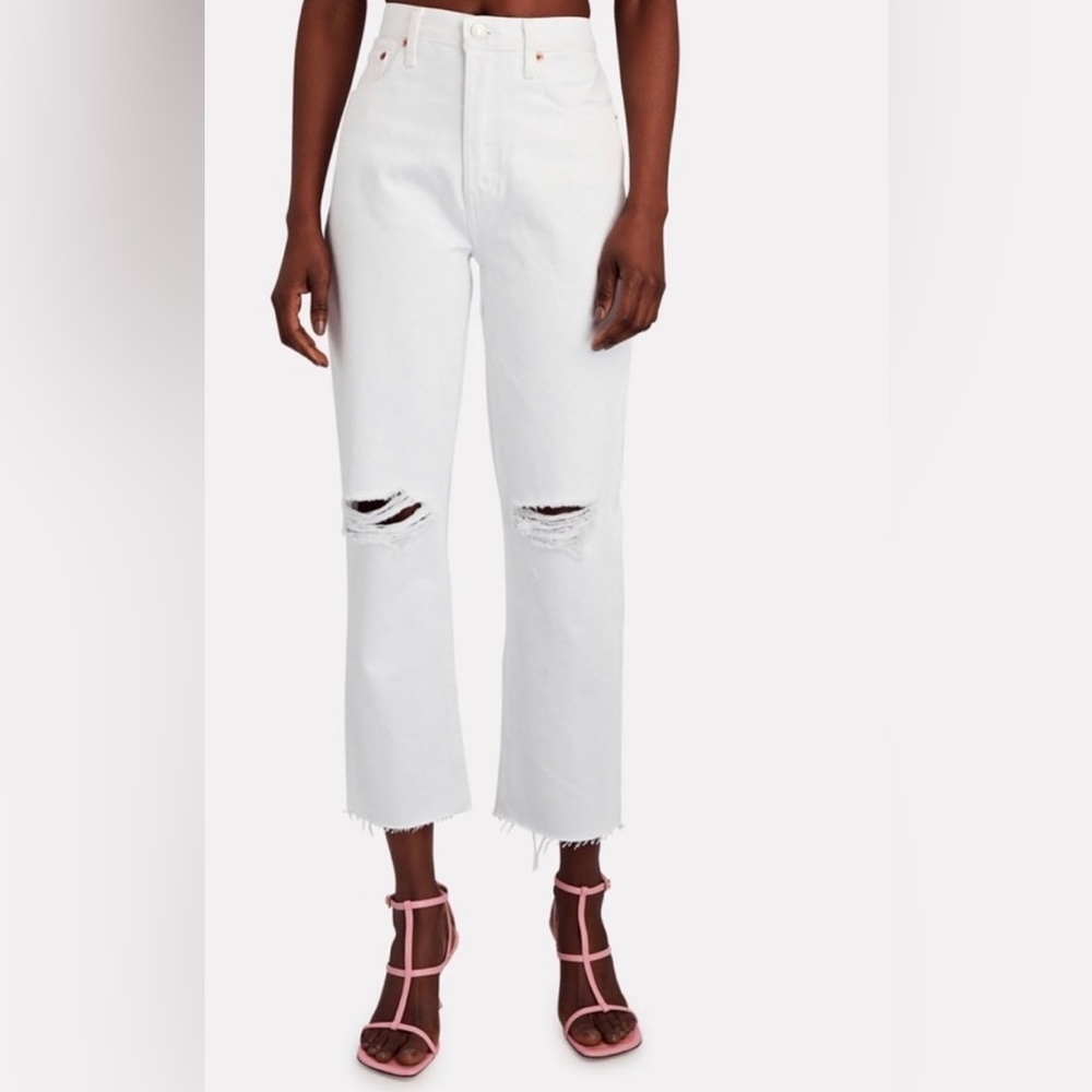 Re/Done Originals 70s High Rise Stove Pipe Button Fly Jeans White Destroyed S 26